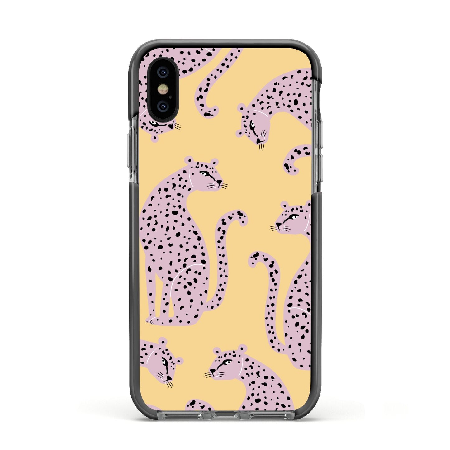 Pink Leopards Apple iPhone Xs Impact Case Black Edge on Black Phone