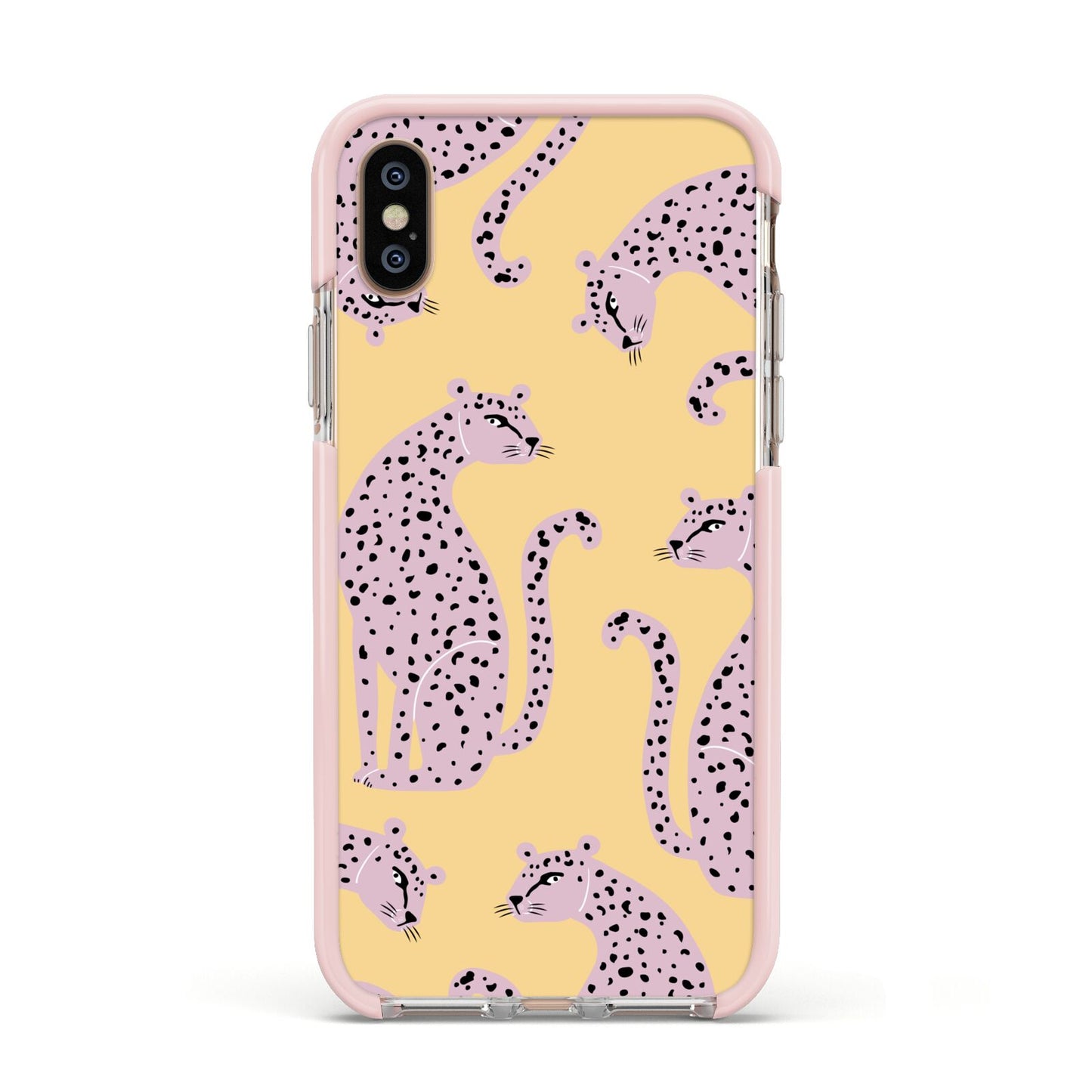 Pink Leopards Apple iPhone Xs Impact Case Pink Edge on Gold Phone