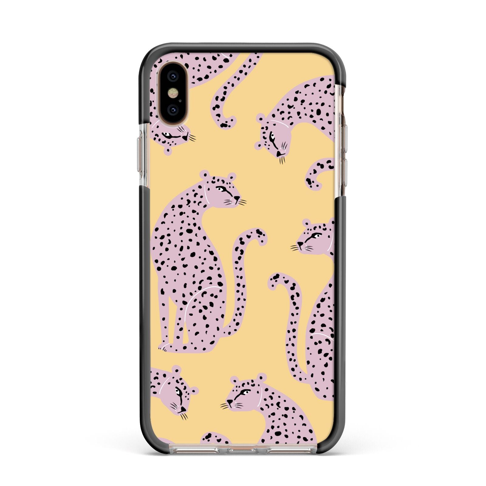Pink Leopards Apple iPhone Xs Max Impact Case Black Edge on Gold Phone