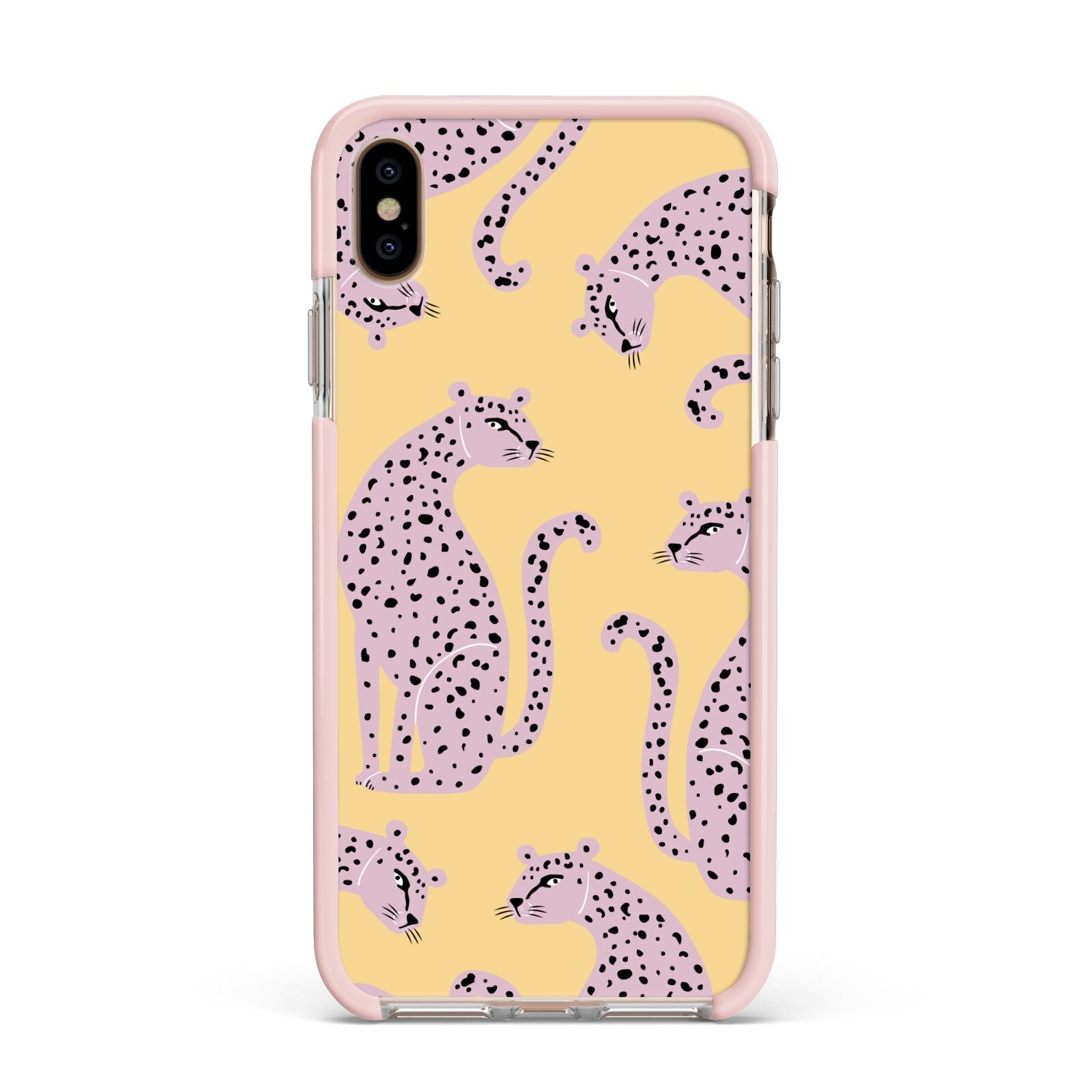 Pink Leopards Apple iPhone Xs Max Impact Case Pink Edge on Gold Phone
