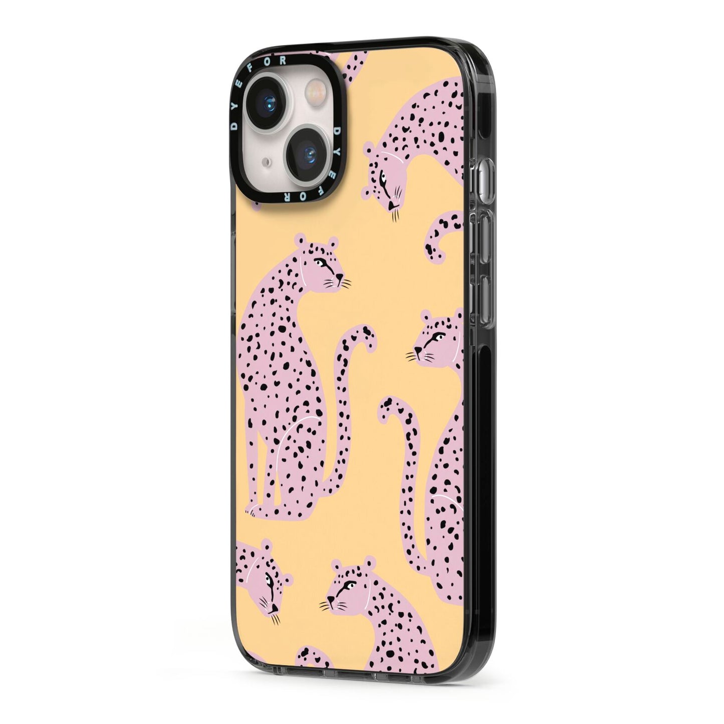 Pink Leopards iPhone 13 Black Impact Case Side Angle on Silver phone
