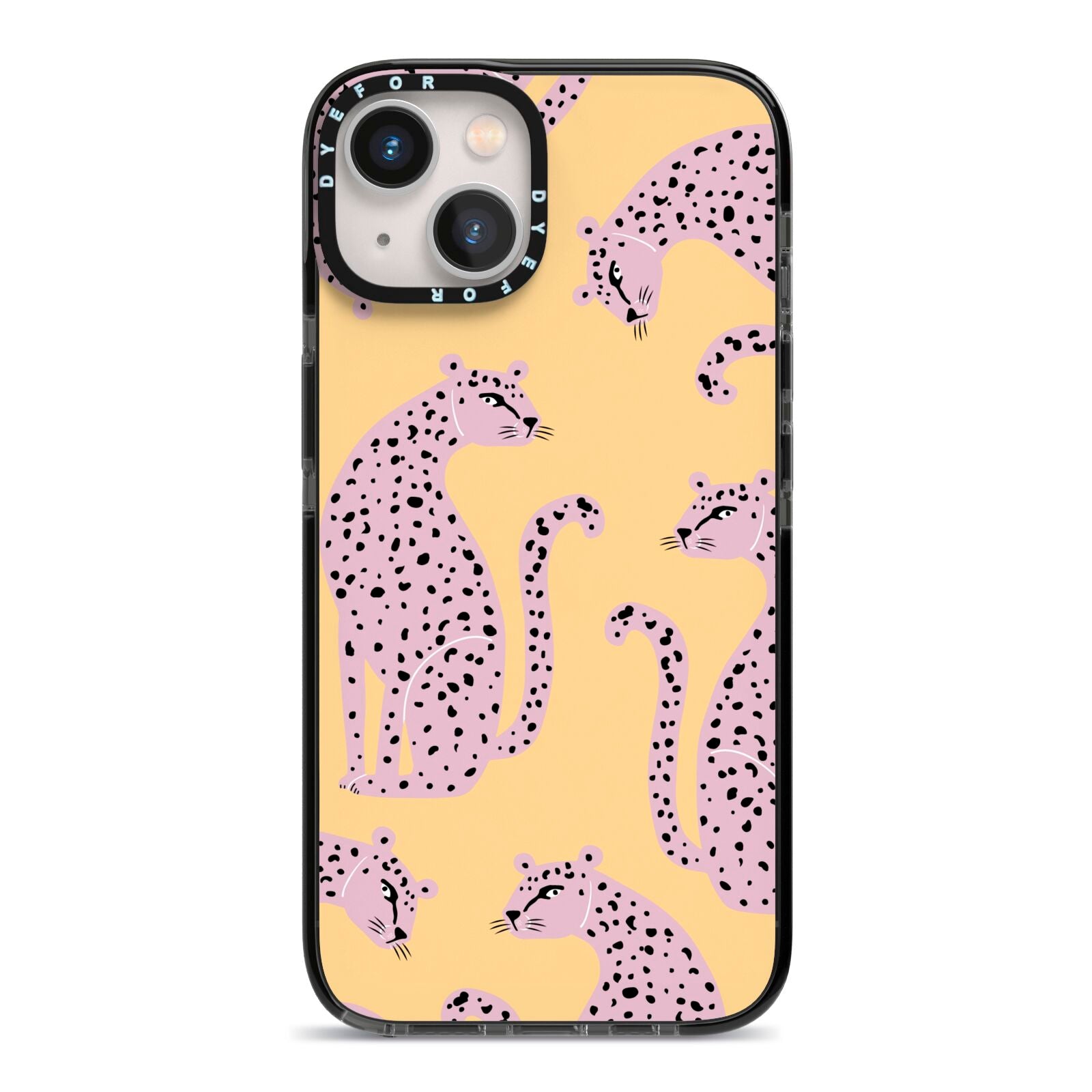 Pink Leopards iPhone 13 Black Impact Case on Silver phone