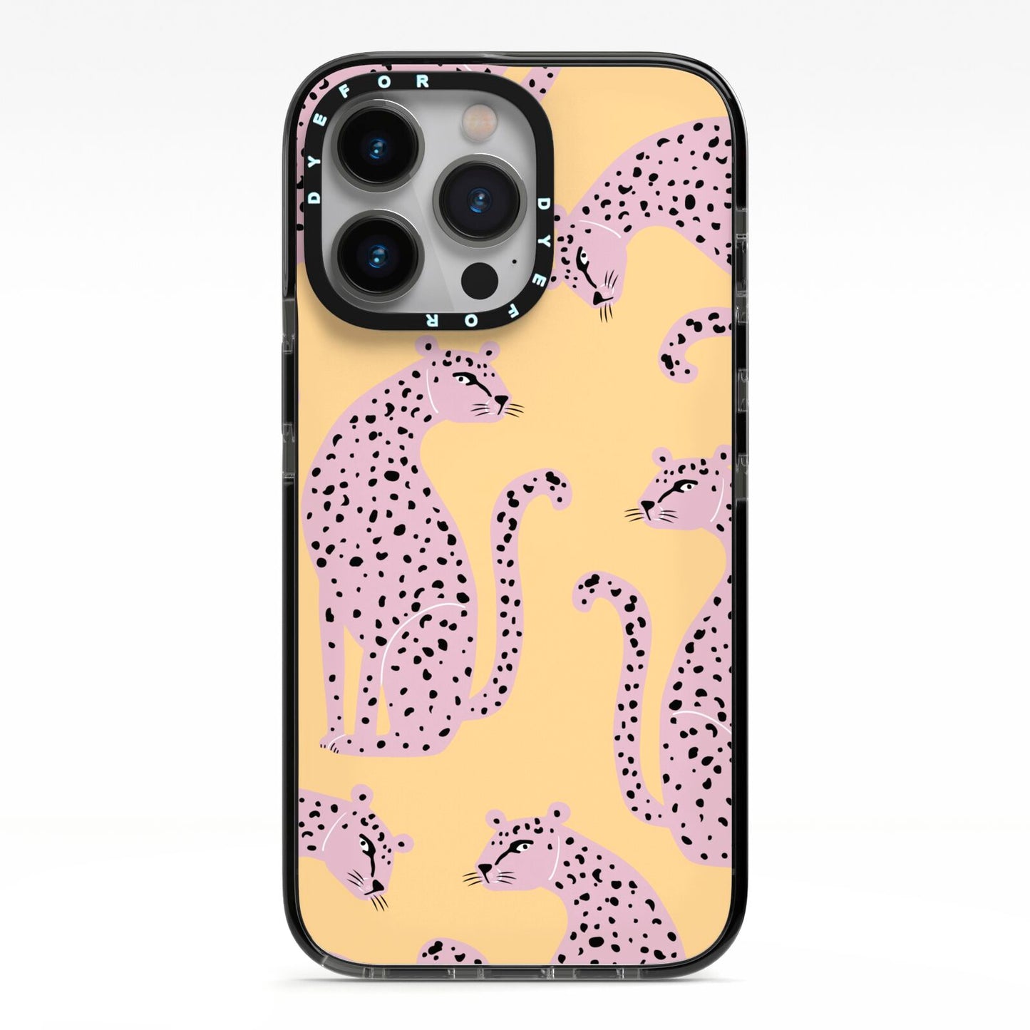 Pink Leopards iPhone 13 Pro Black Impact Case on Silver phone