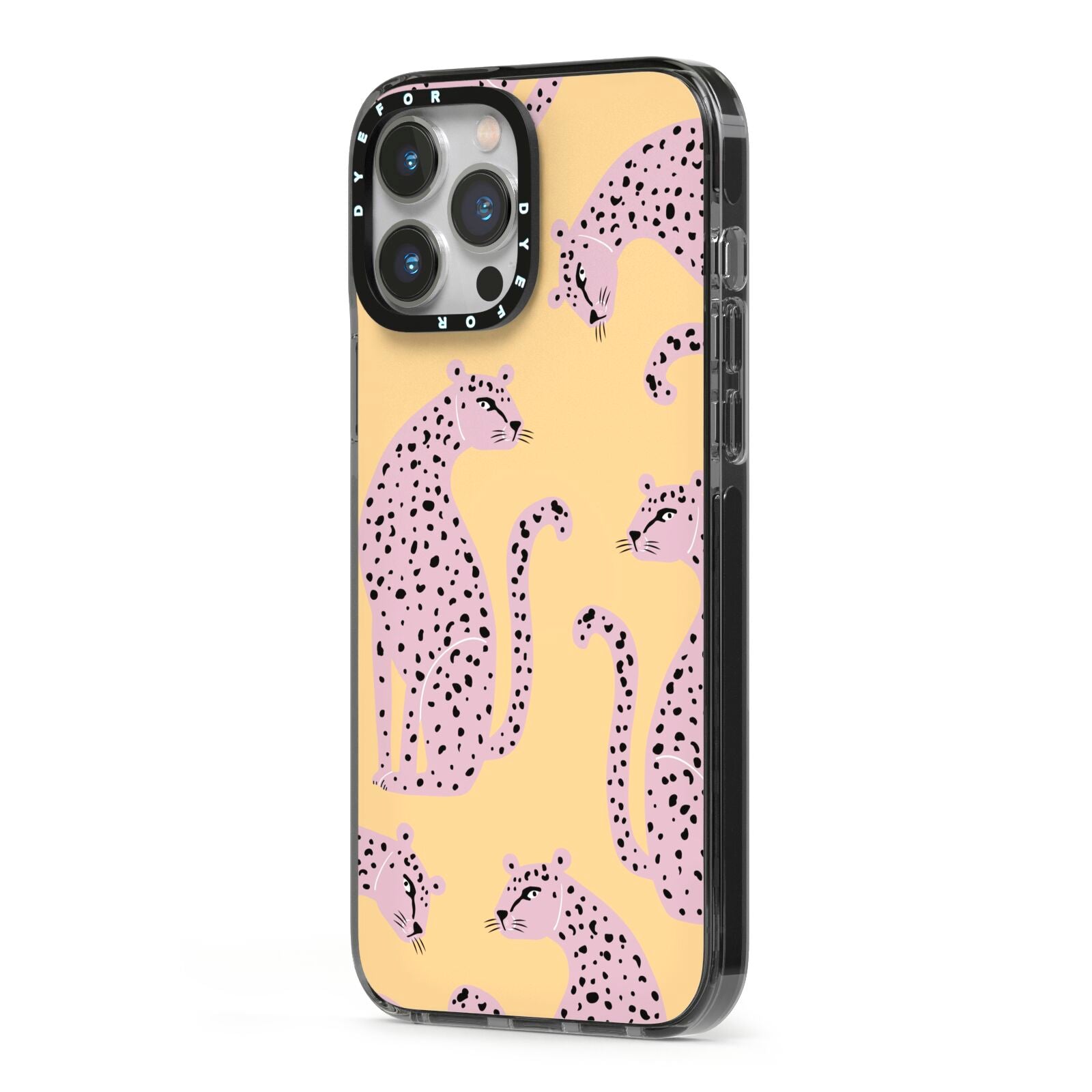 Pink Leopards iPhone 13 Pro Max Black Impact Case Side Angle on Silver phone
