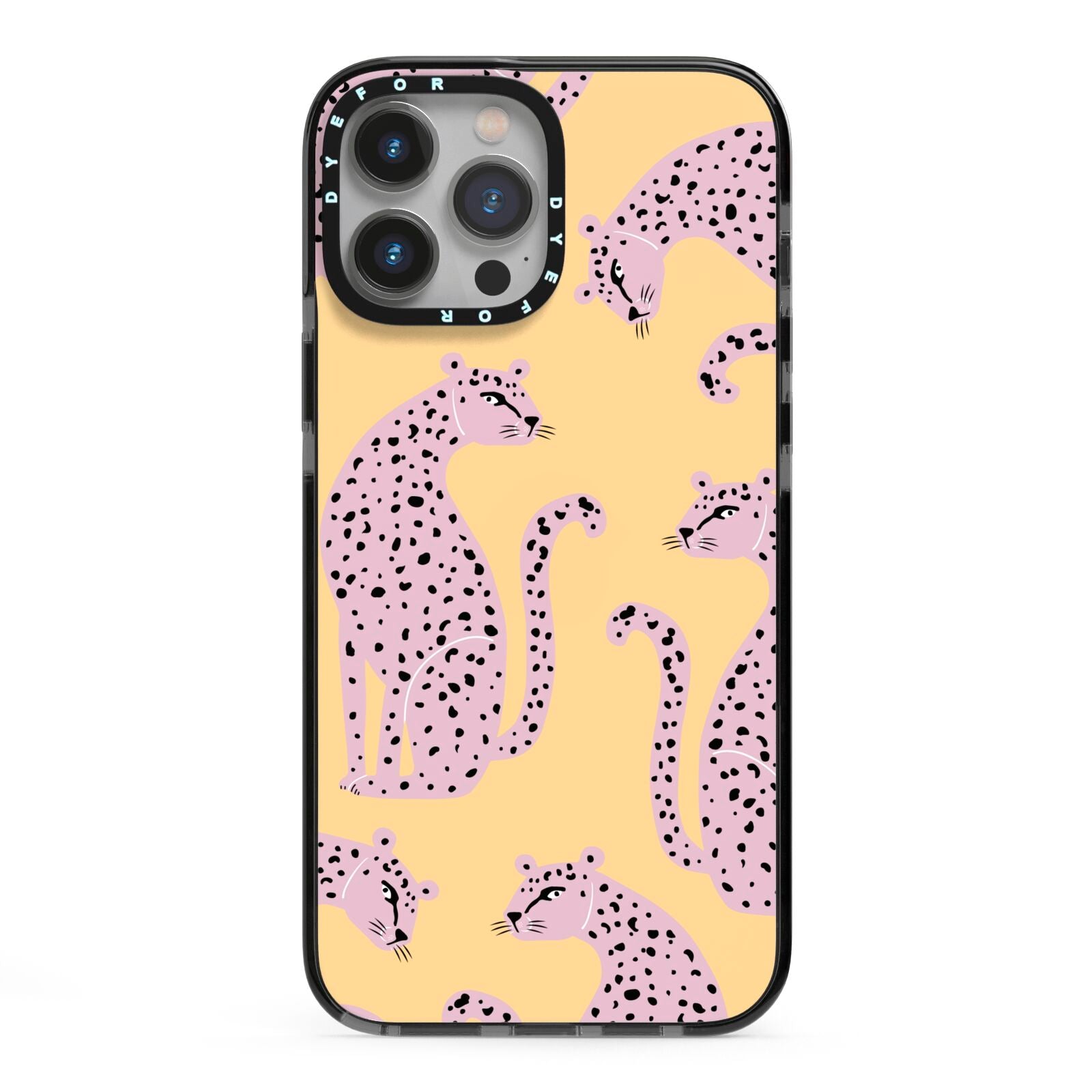 Pink Leopards iPhone 13 Pro Max Black Impact Case on Silver phone