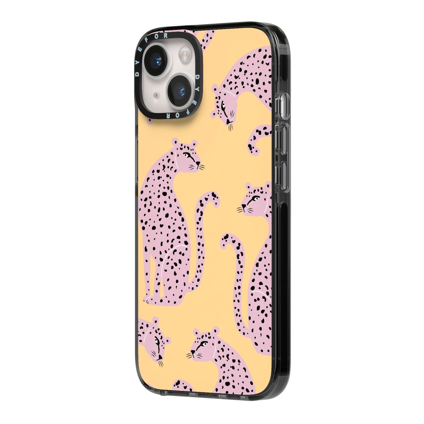 Pink Leopards iPhone 14 Black Impact Case Side Angle on Silver phone