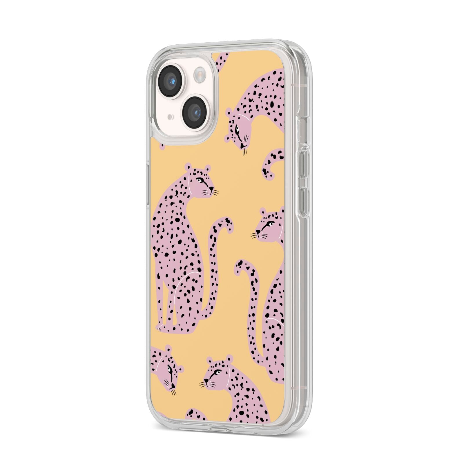 Pink Leopards iPhone 14 Clear Tough Case Starlight Angled Image