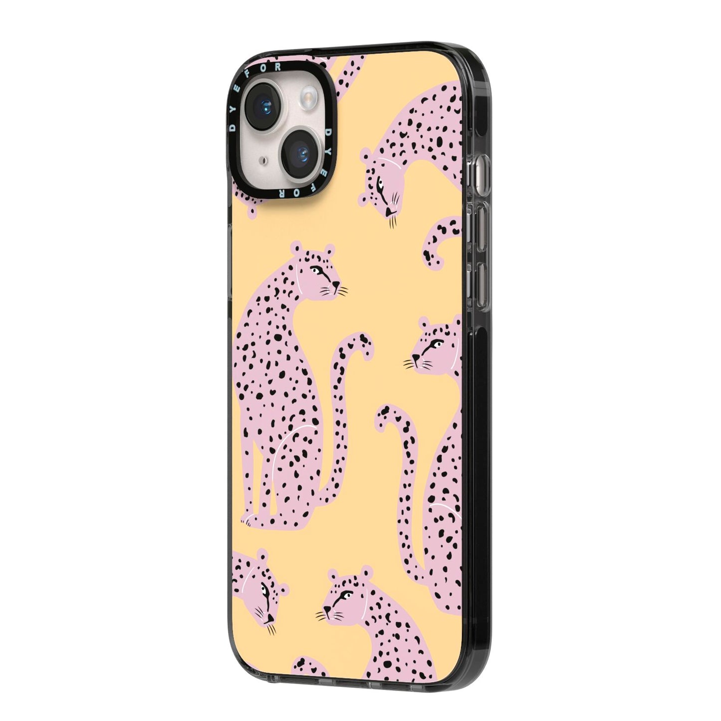 Pink Leopards iPhone 14 Plus Black Impact Case Side Angle on Silver phone
