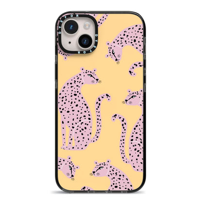 Pink Leopards iPhone 14 Plus Black Impact Case on Silver phone