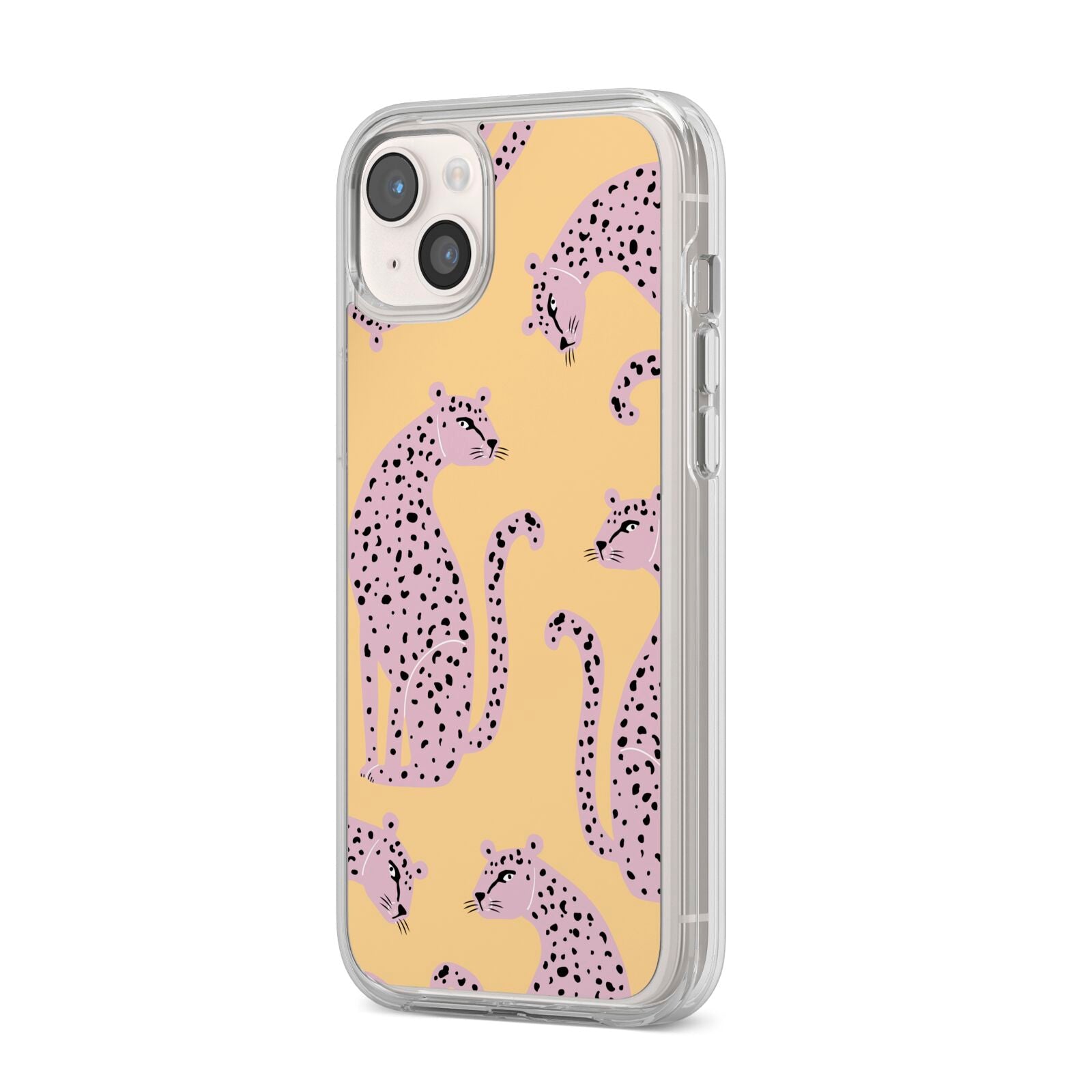 Pink Leopards iPhone 14 Plus Clear Tough Case Starlight Angled Image