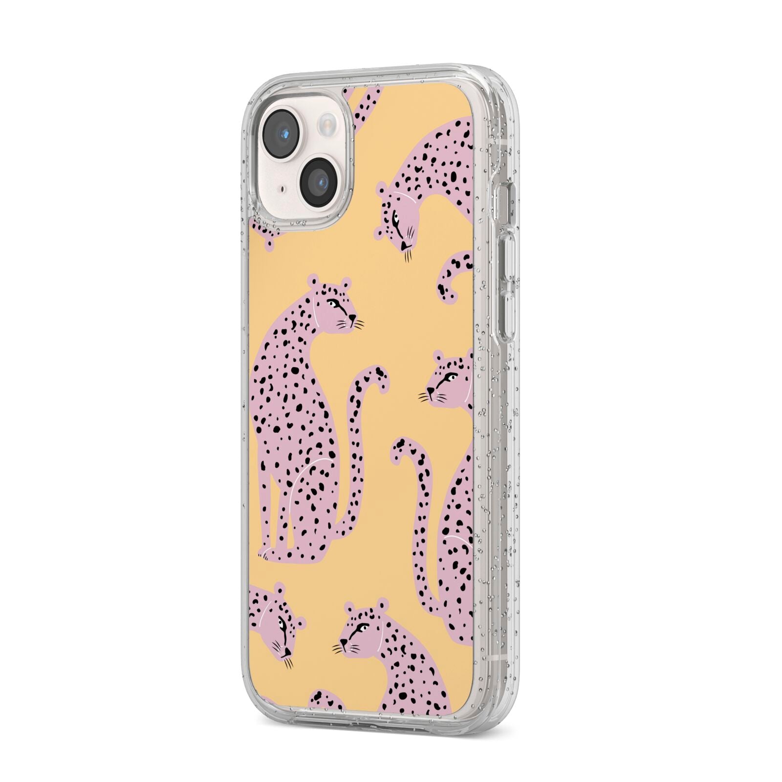 Pink Leopards iPhone 14 Plus Glitter Tough Case Starlight Angled Image