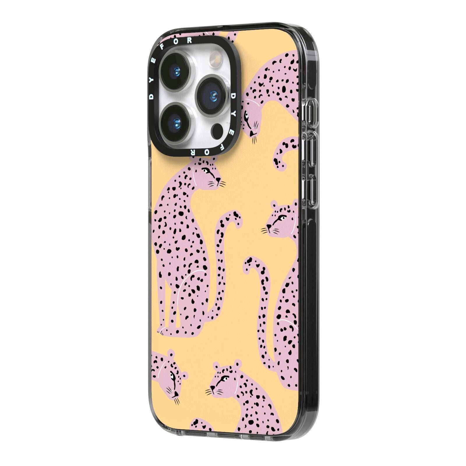 Pink Leopards iPhone 14 Pro Black Impact Case Side Angle on Silver phone