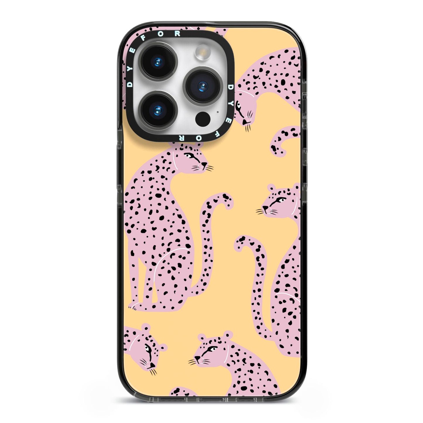 Pink Leopards iPhone 14 Pro Black Impact Case on Silver phone