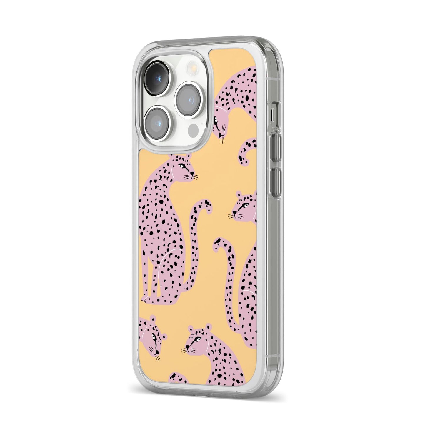 Pink Leopards iPhone 14 Pro Clear Tough Case Silver Angled Image