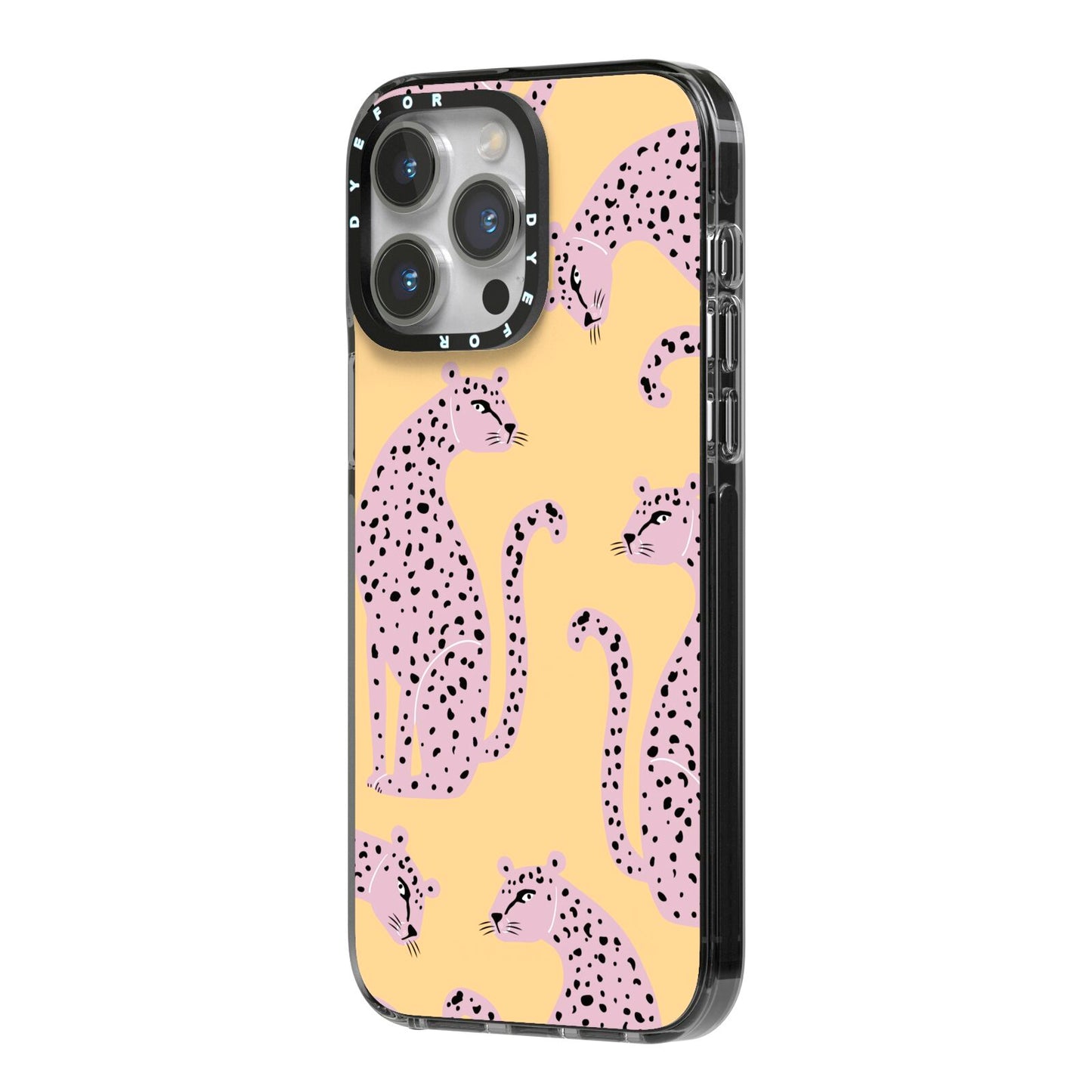 Pink Leopards iPhone 14 Pro Max Black Impact Case Side Angle on Silver phone