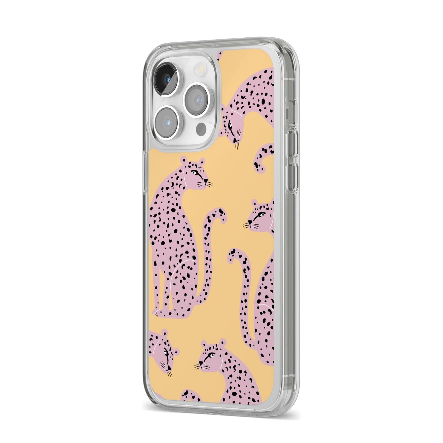 Pink Leopards iPhone 14 Pro Max Clear Tough Case Silver Angled Image