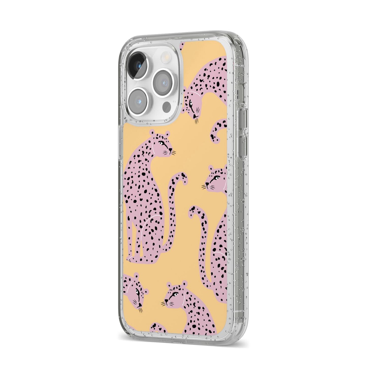 Pink Leopards iPhone 14 Pro Max Glitter Tough Case Silver Angled Image