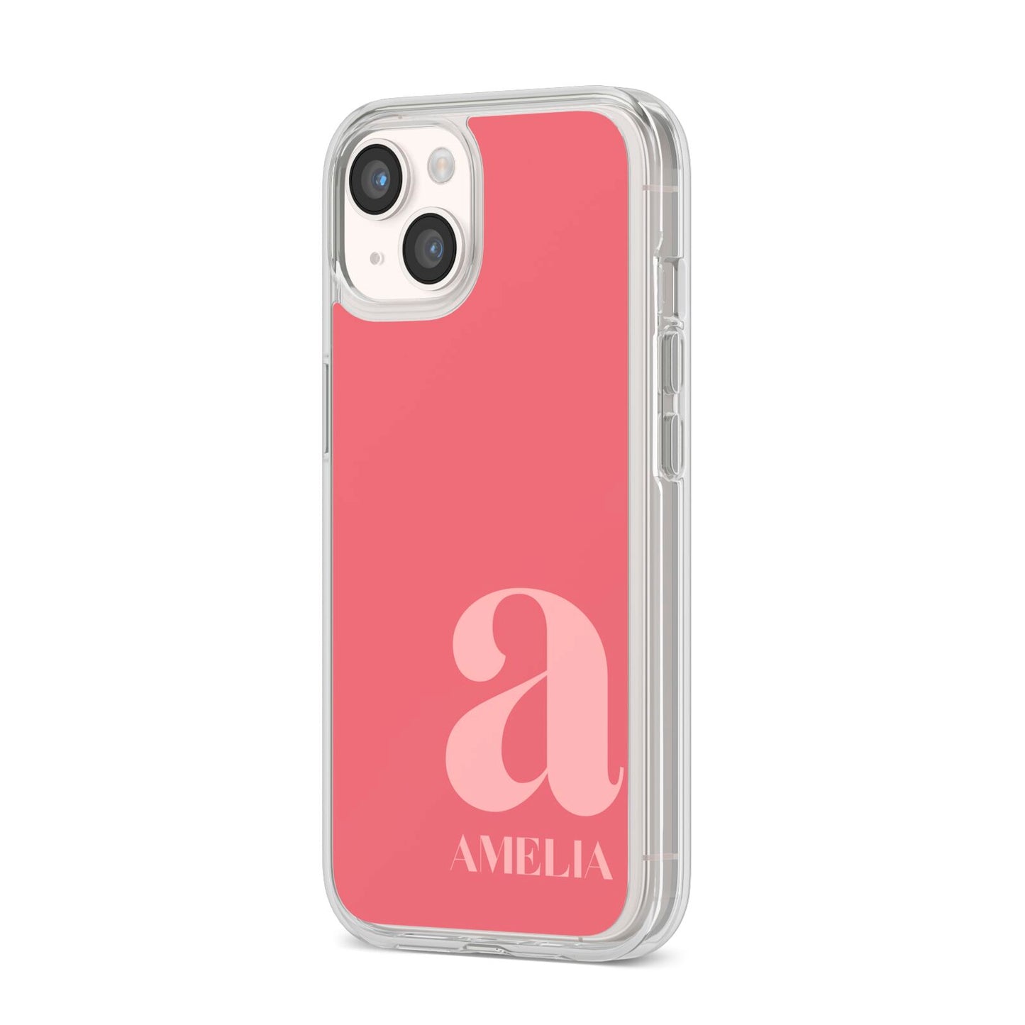 Pink Letter with Name iPhone 14 Clear Tough Case Starlight Angled Image