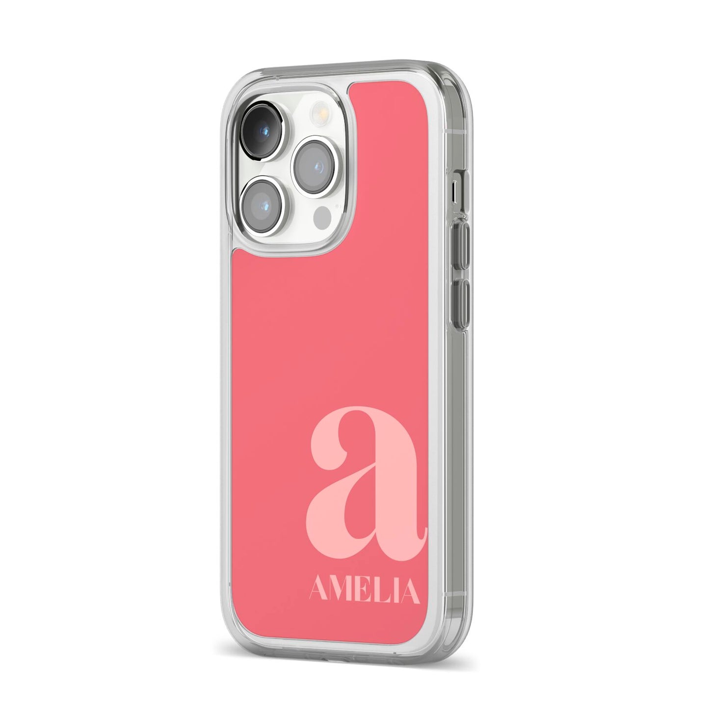 Pink Letter with Name iPhone 14 Pro Clear Tough Case Silver Angled Image