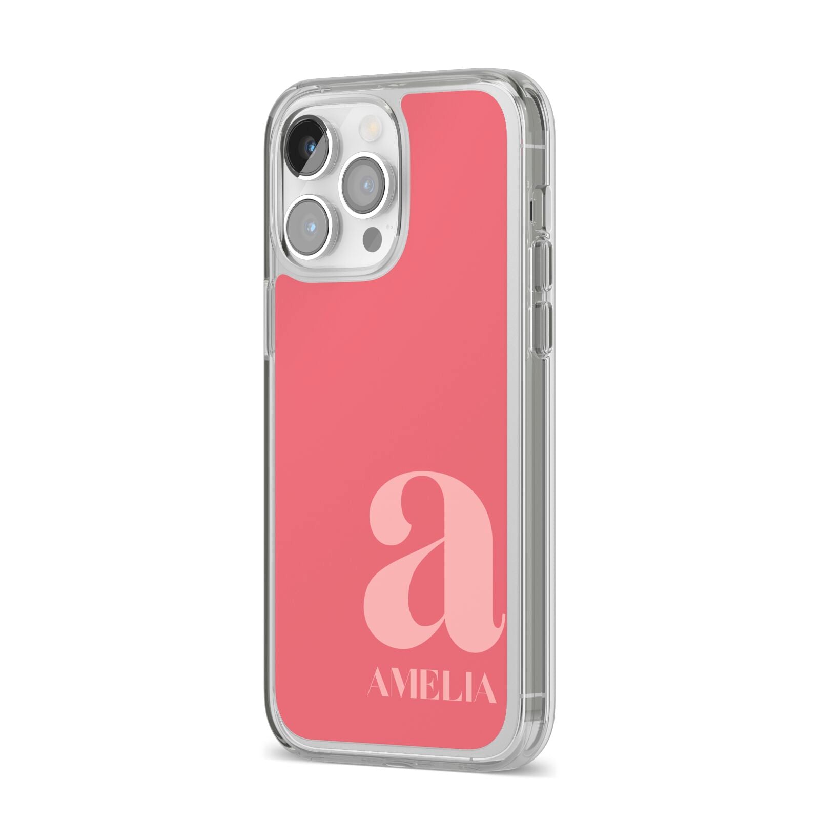 Pink Letter with Name iPhone 14 Pro Max Clear Tough Case Silver Angled Image