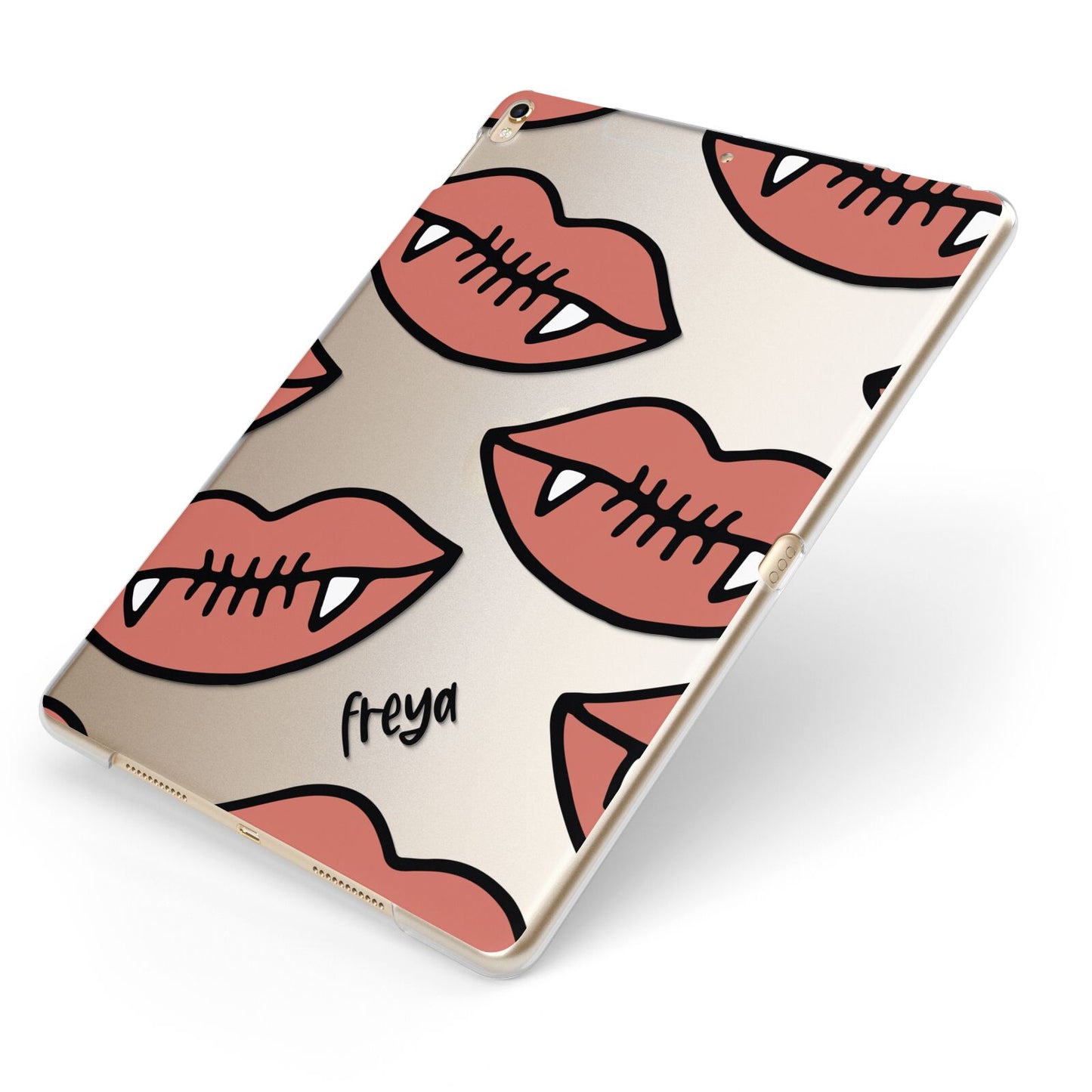 Pink Lips with Fangs Personalised Apple iPad Case on Gold iPad Side View