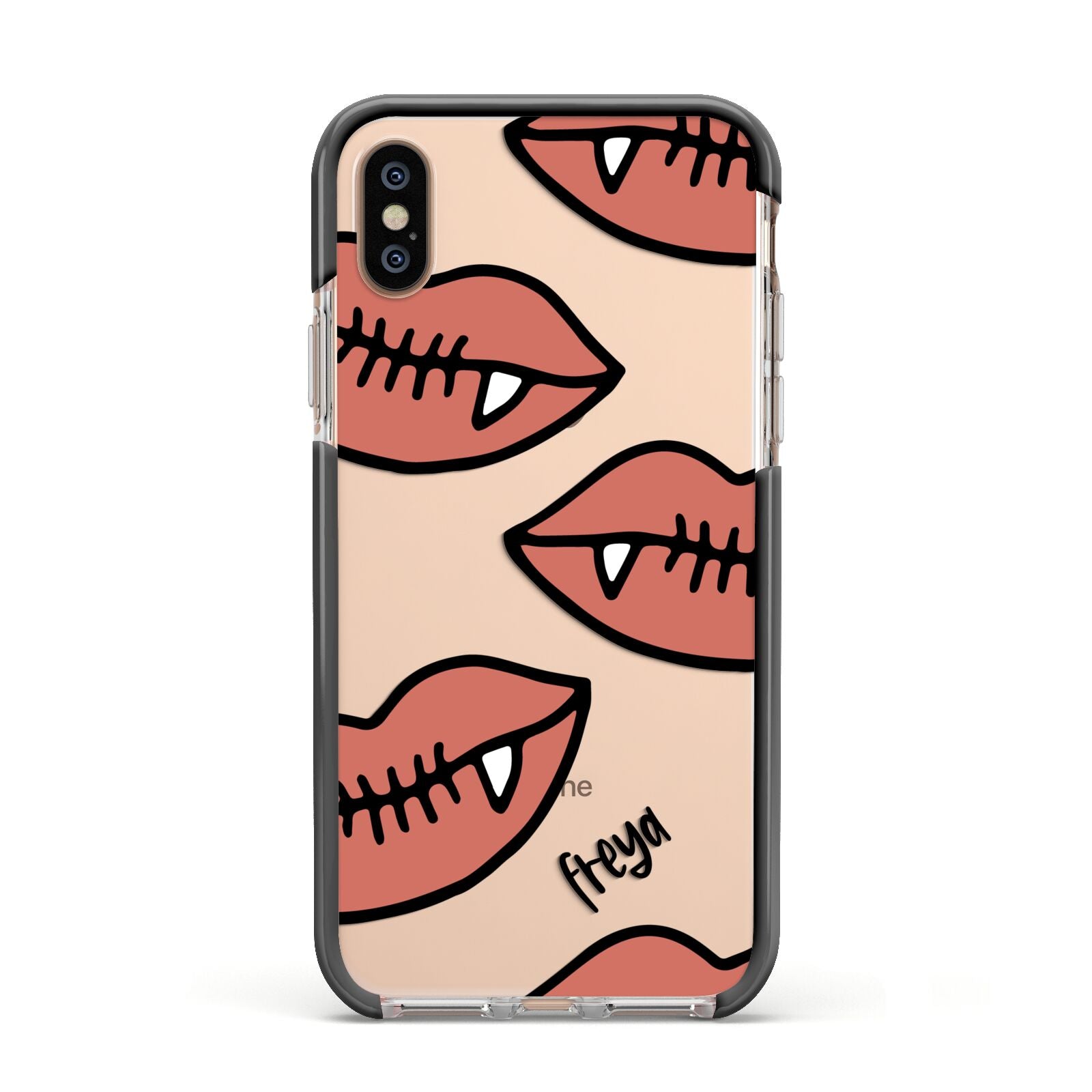 Pink Lips with Fangs Personalised Apple iPhone Xs Impact Case Black Edge on Gold Phone