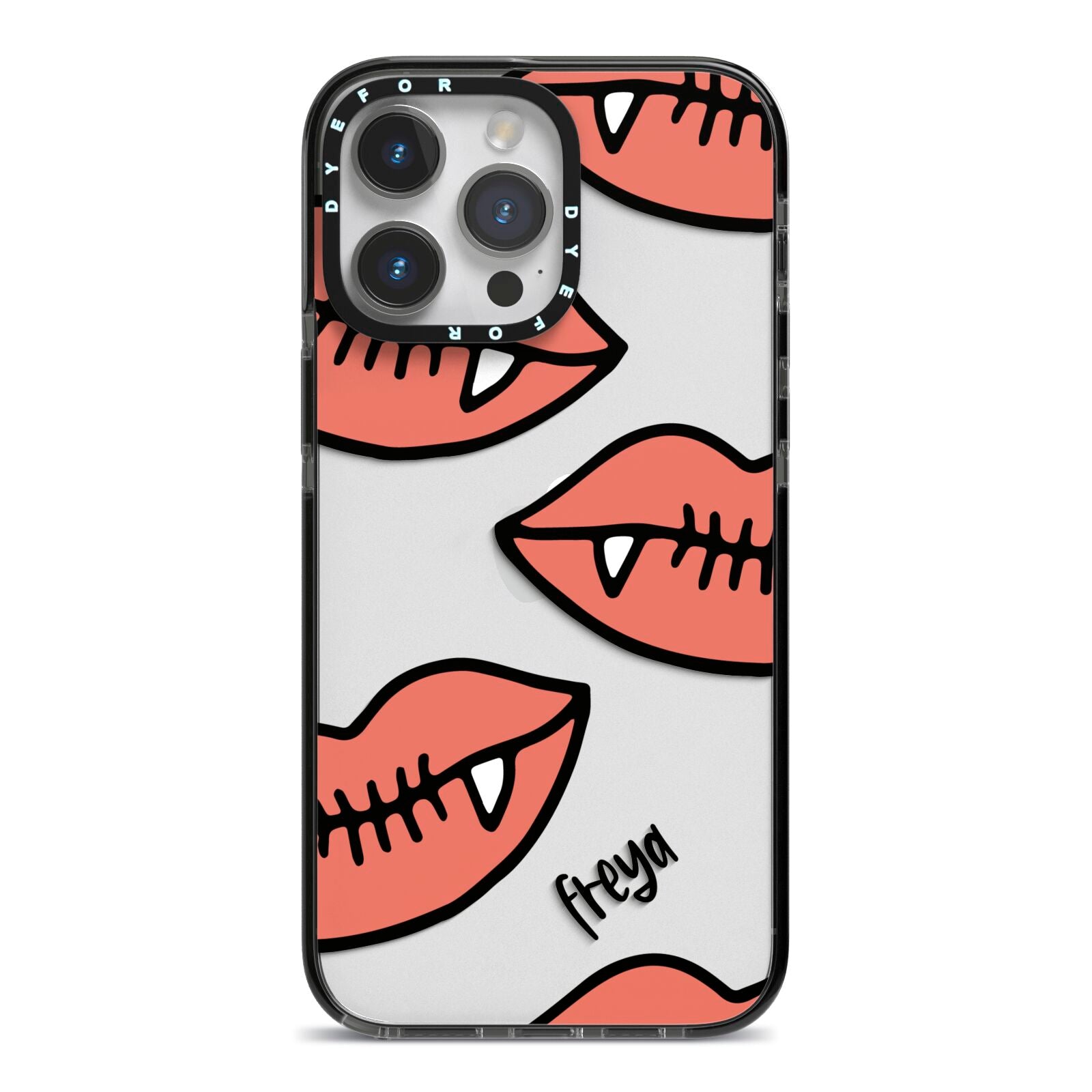 Pink Lips with Fangs Personalised iPhone 14 Pro Max Black Impact Case on Silver phone