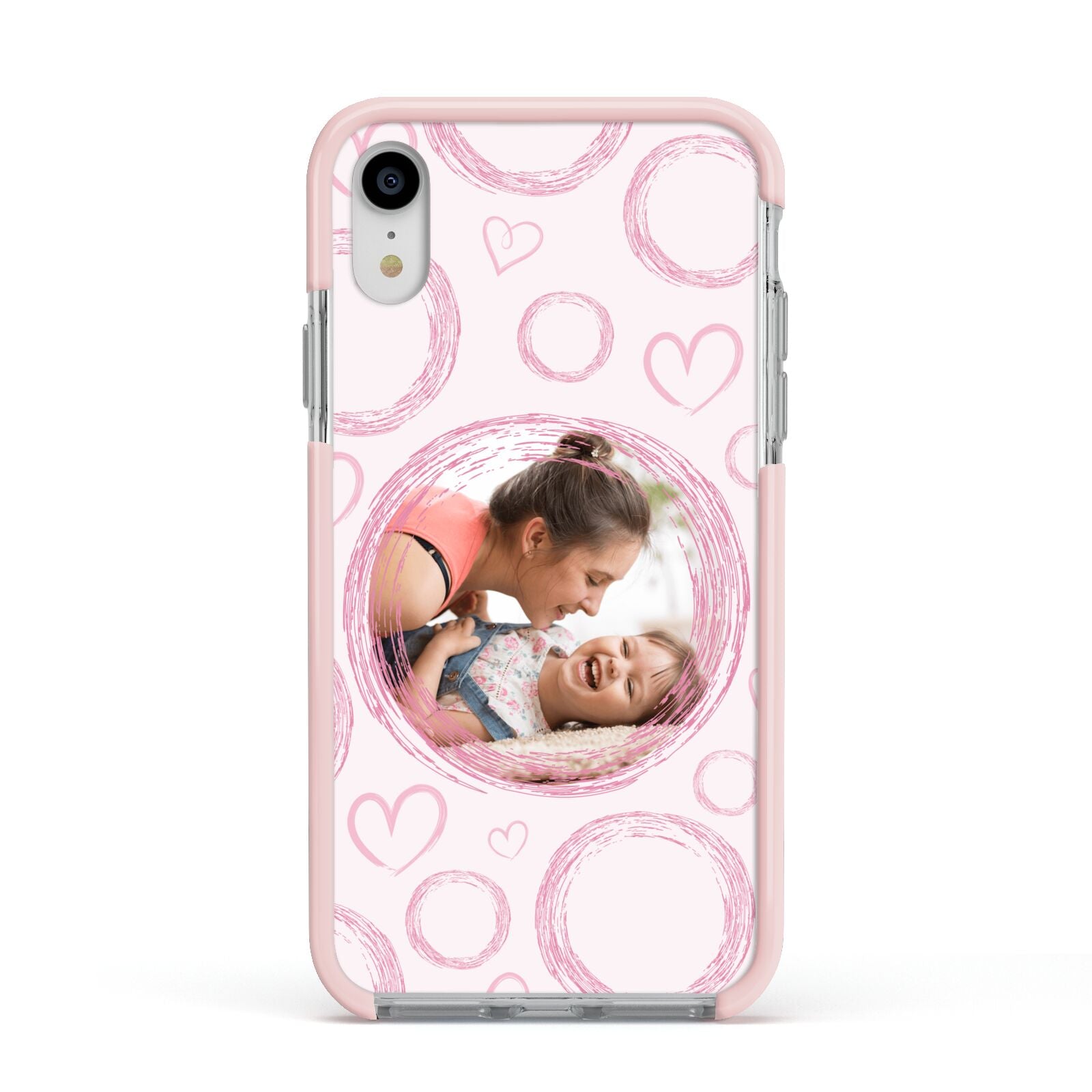 Pink Love Hearts Photo Personalised Apple iPhone XR Impact Case Pink Edge on Silver Phone