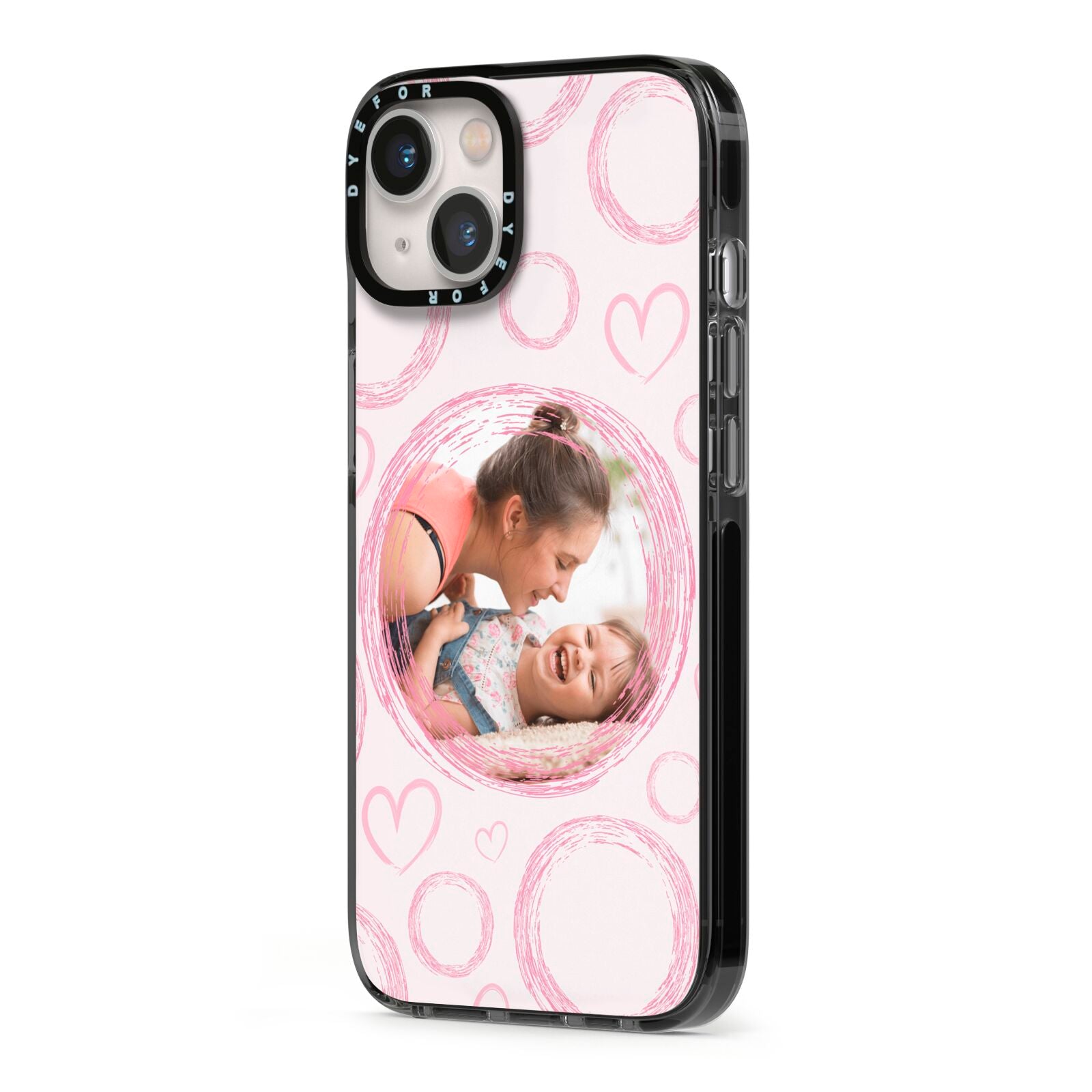 Pink Love Hearts Photo Personalised iPhone 13 Black Impact Case Side Angle on Silver phone