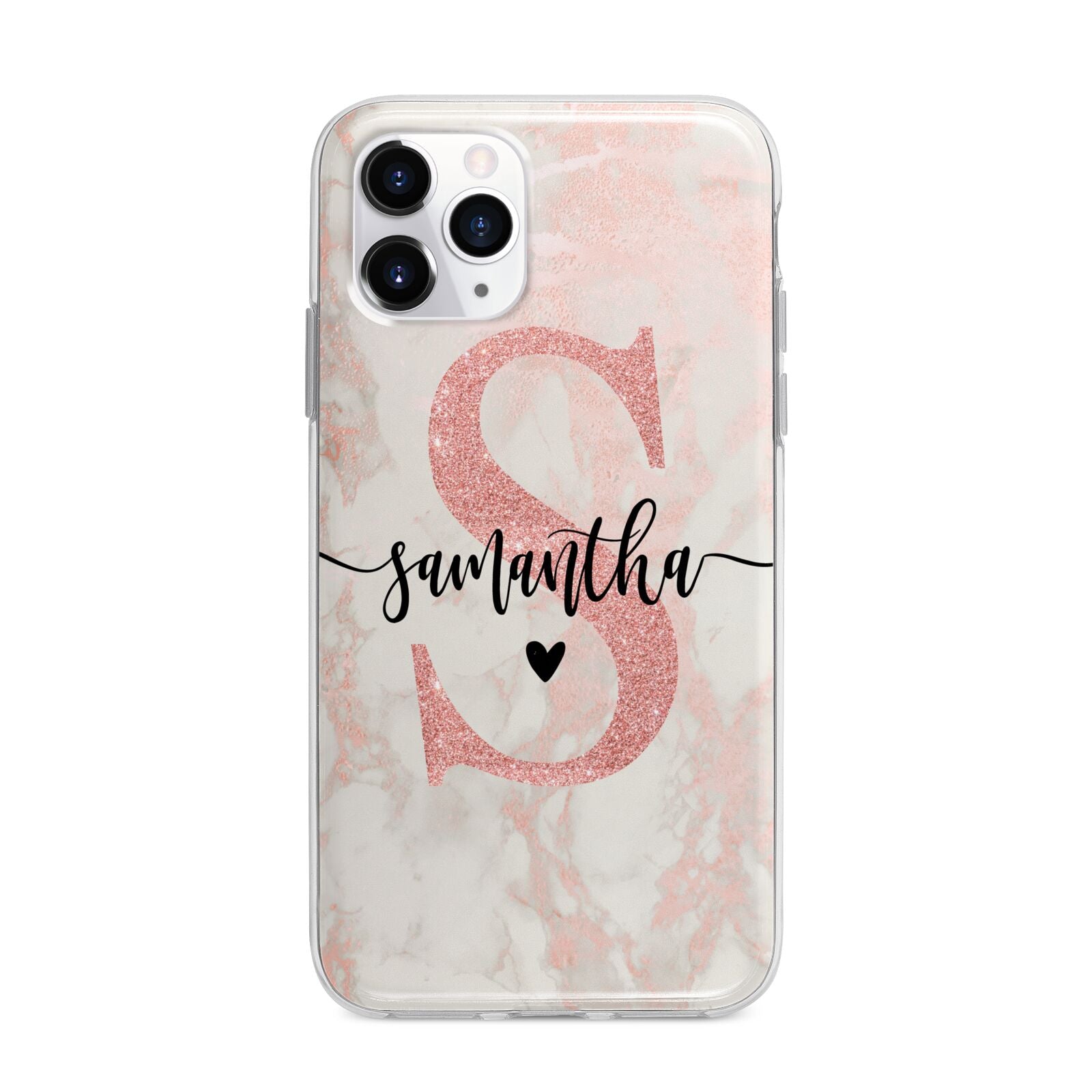Pink Marble Glitter Monogram Personalised Name Apple iPhone 11 Pro Max in Silver with Bumper Case