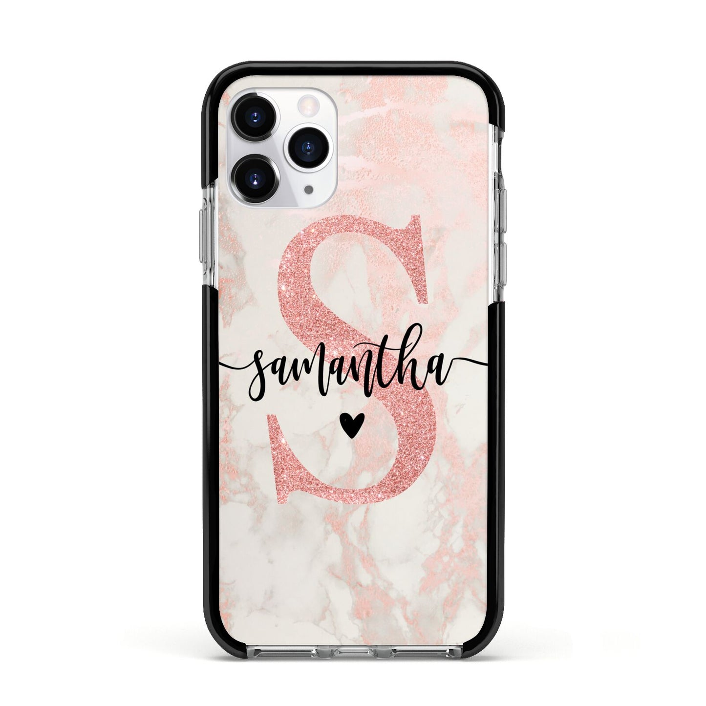 Pink Marble Glitter Monogram Personalised Name Apple iPhone 11 Pro in Silver with Black Impact Case