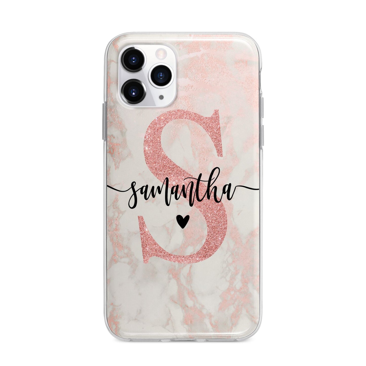 Pink Marble Glitter Monogram Personalised Name Apple iPhone 11 Pro in Silver with Bumper Case