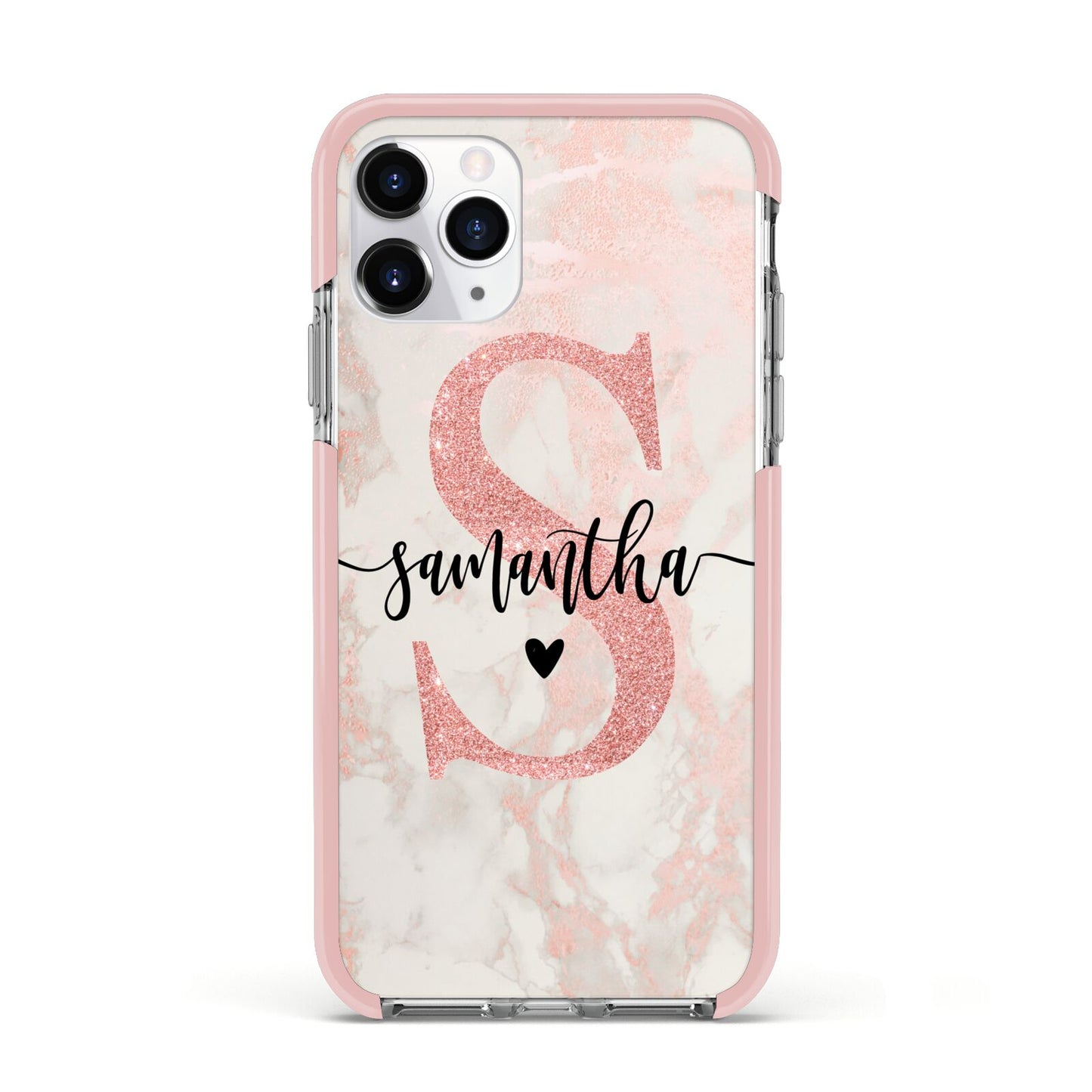Pink Marble Glitter Monogram Personalised Name Apple iPhone 11 Pro in Silver with Pink Impact Case
