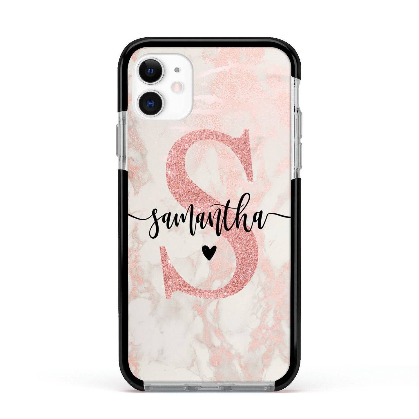 Pink Marble Glitter Monogram Personalised Name Apple iPhone 11 in White with Black Impact Case