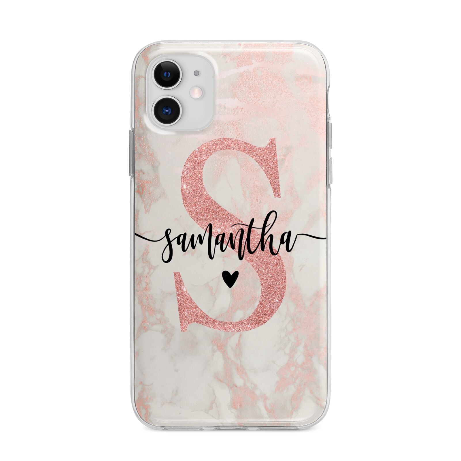 Pink Marble Glitter Monogram Personalised Name Apple iPhone 11 in White with Bumper Case