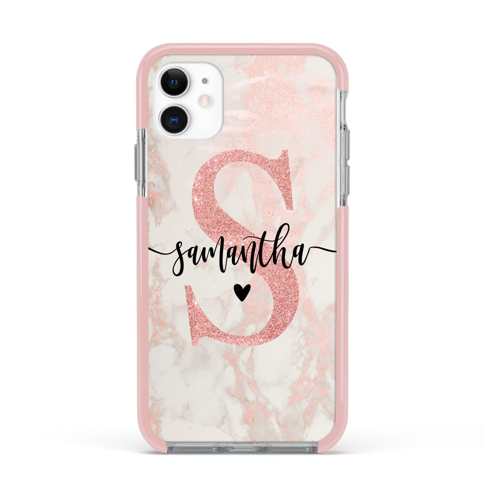 Pink Marble Glitter Monogram Personalised Name Apple iPhone 11 in White with Pink Impact Case