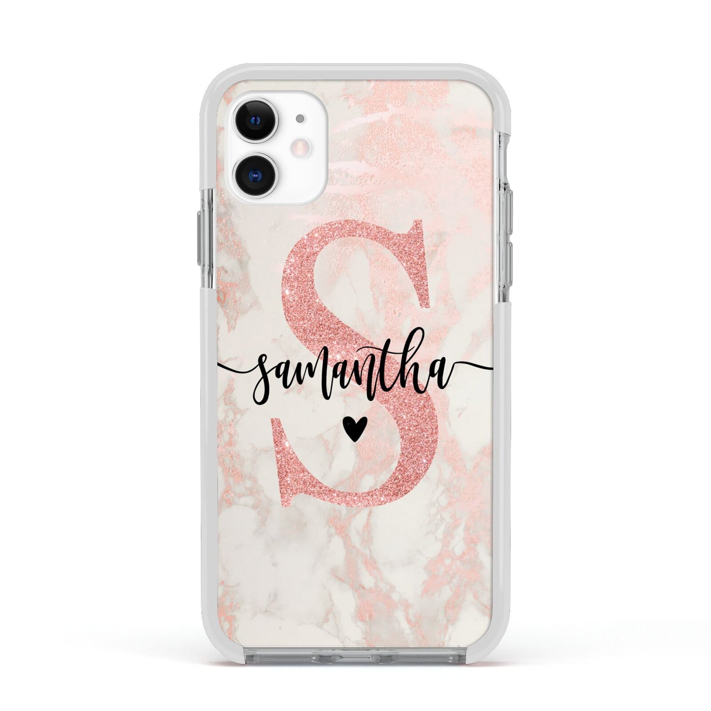 Pink Marble Glitter Monogram Personalised Name Apple iPhone 11 in White with White Impact Case