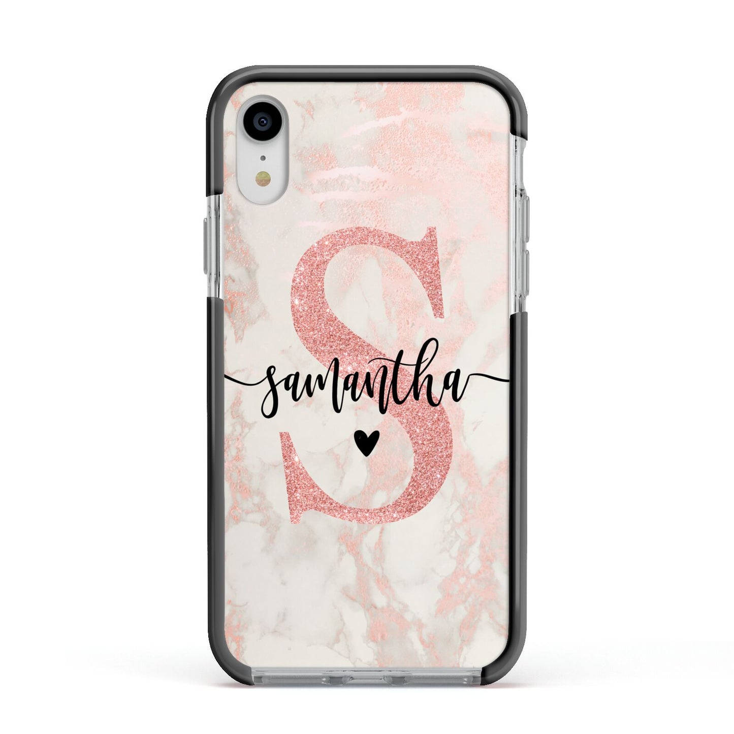 Pink Marble Glitter Monogram Personalised Name Apple iPhone XR Impact Case Black Edge on Silver Phone