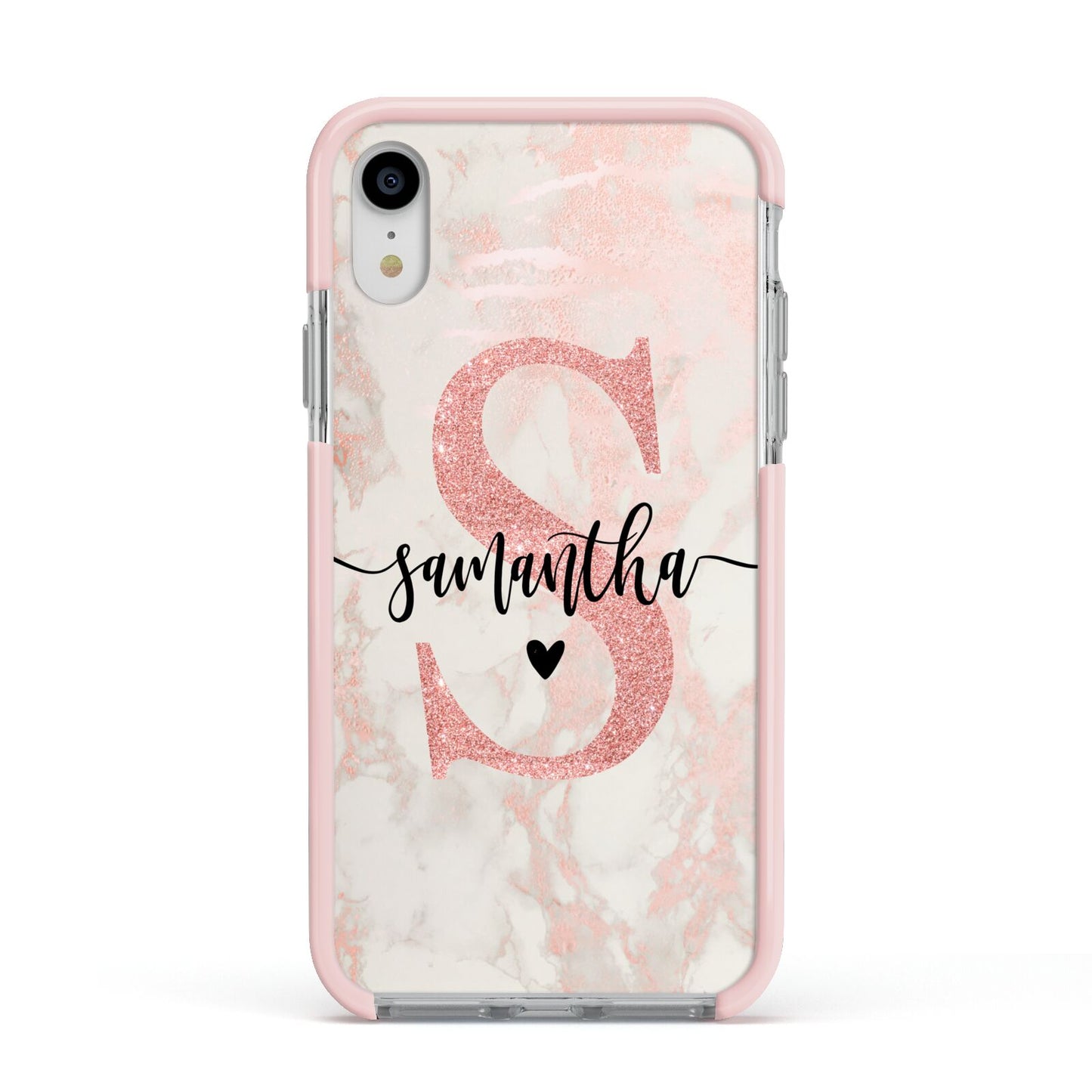 Pink Marble Glitter Monogram Personalised Name Apple iPhone XR Impact Case Pink Edge on Silver Phone