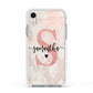Pink Marble Glitter Monogram Personalised Name Apple iPhone XR Impact Case White Edge on Silver Phone