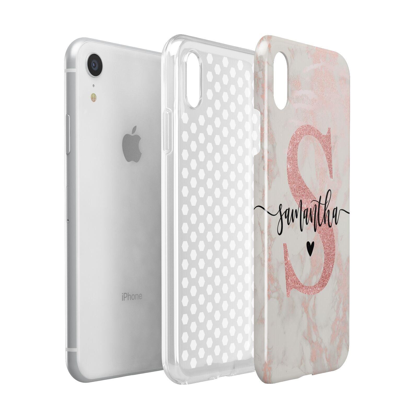 Pink Marble Glitter Monogram Personalised Name Apple iPhone XR White 3D Tough Case Expanded view