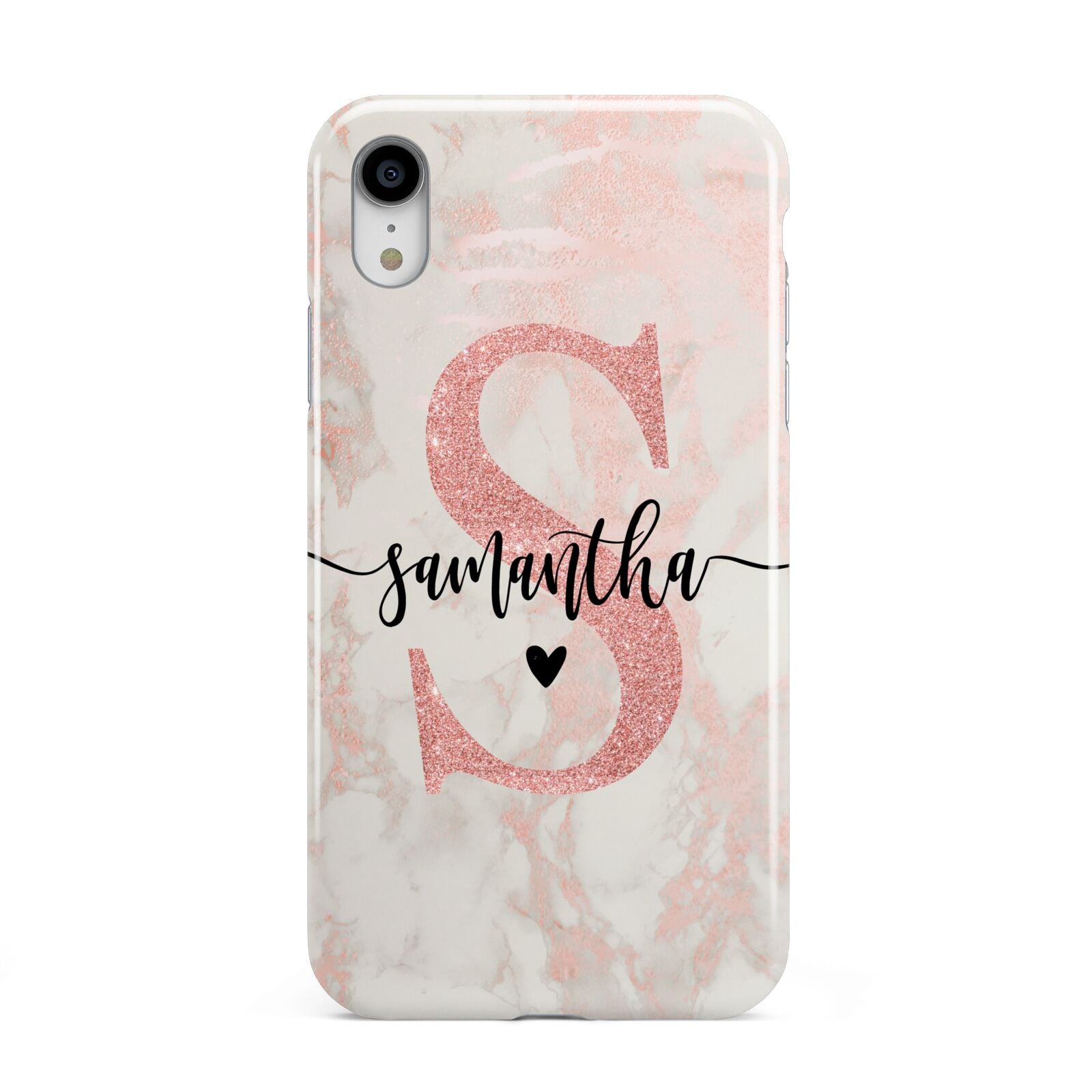 Pink Marble Glitter Monogram Personalised Name Apple iPhone XR White 3D Tough Case