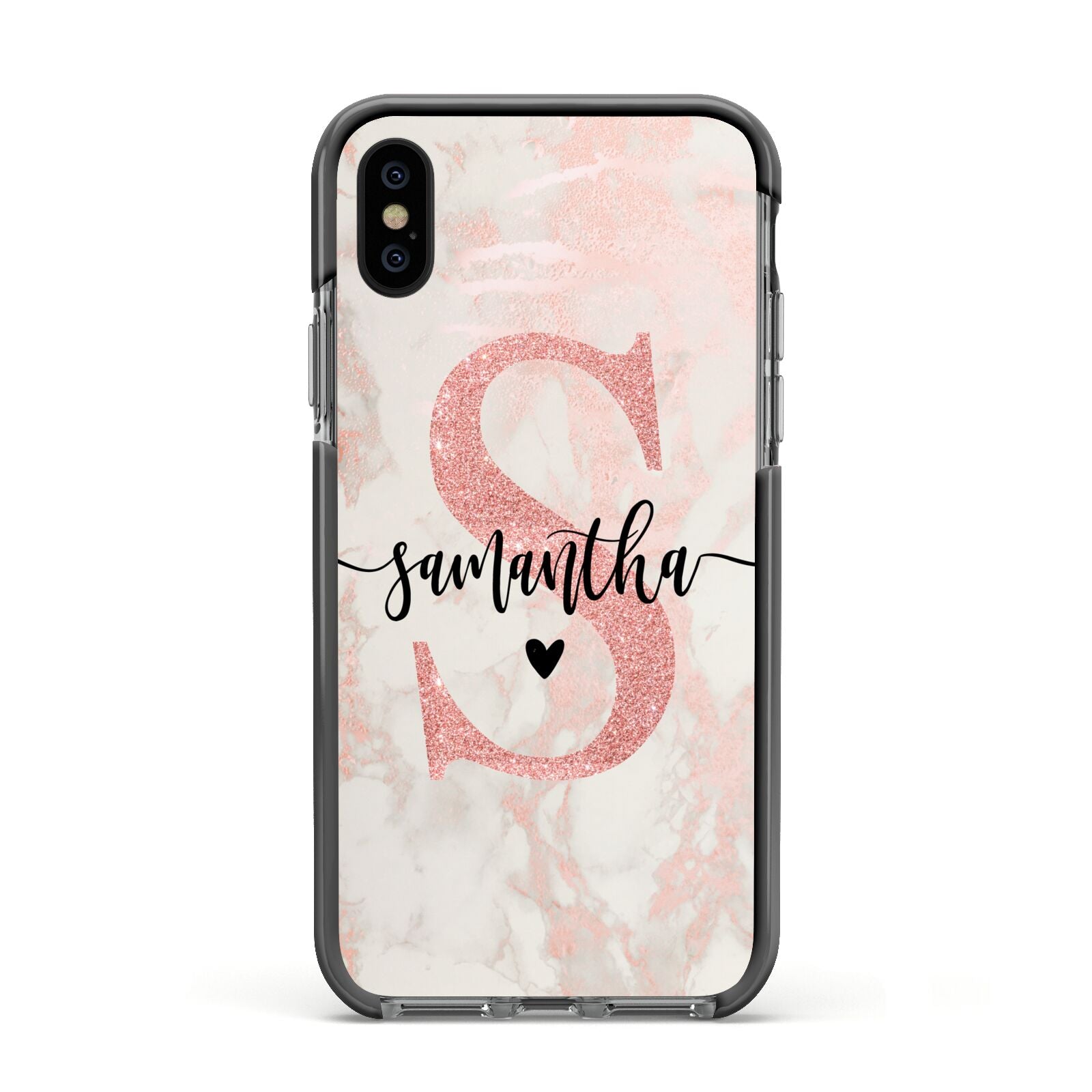 Pink Marble Glitter Monogram Personalised Name Apple iPhone Xs Impact Case Black Edge on Black Phone