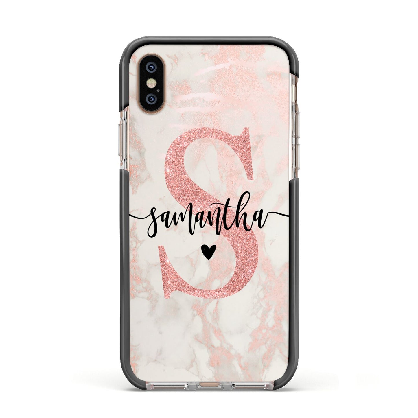 Pink Marble Glitter Monogram Personalised Name Apple iPhone Xs Impact Case Black Edge on Gold Phone