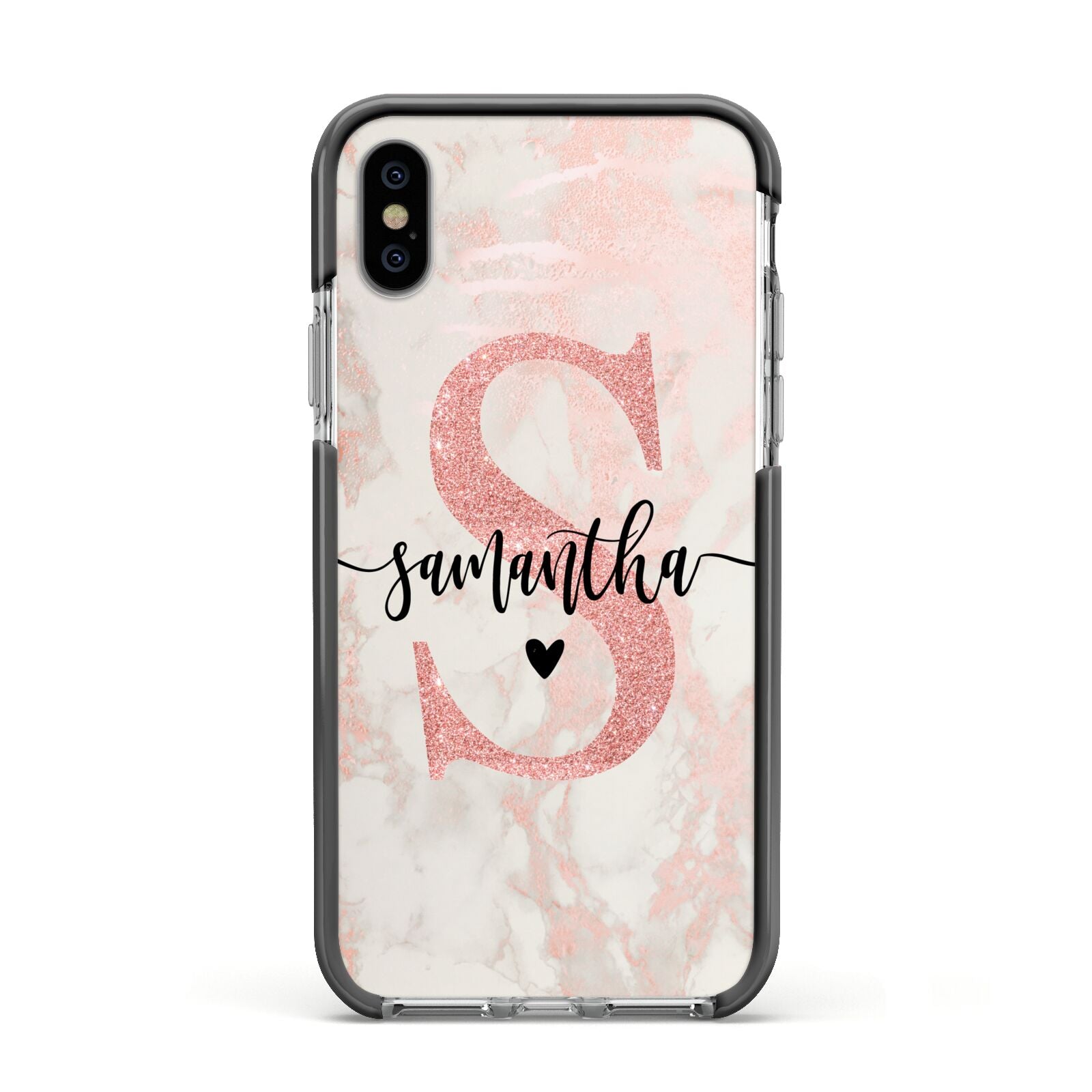 Pink Marble Glitter Monogram Personalised Name Apple iPhone Xs Impact Case Black Edge on Silver Phone