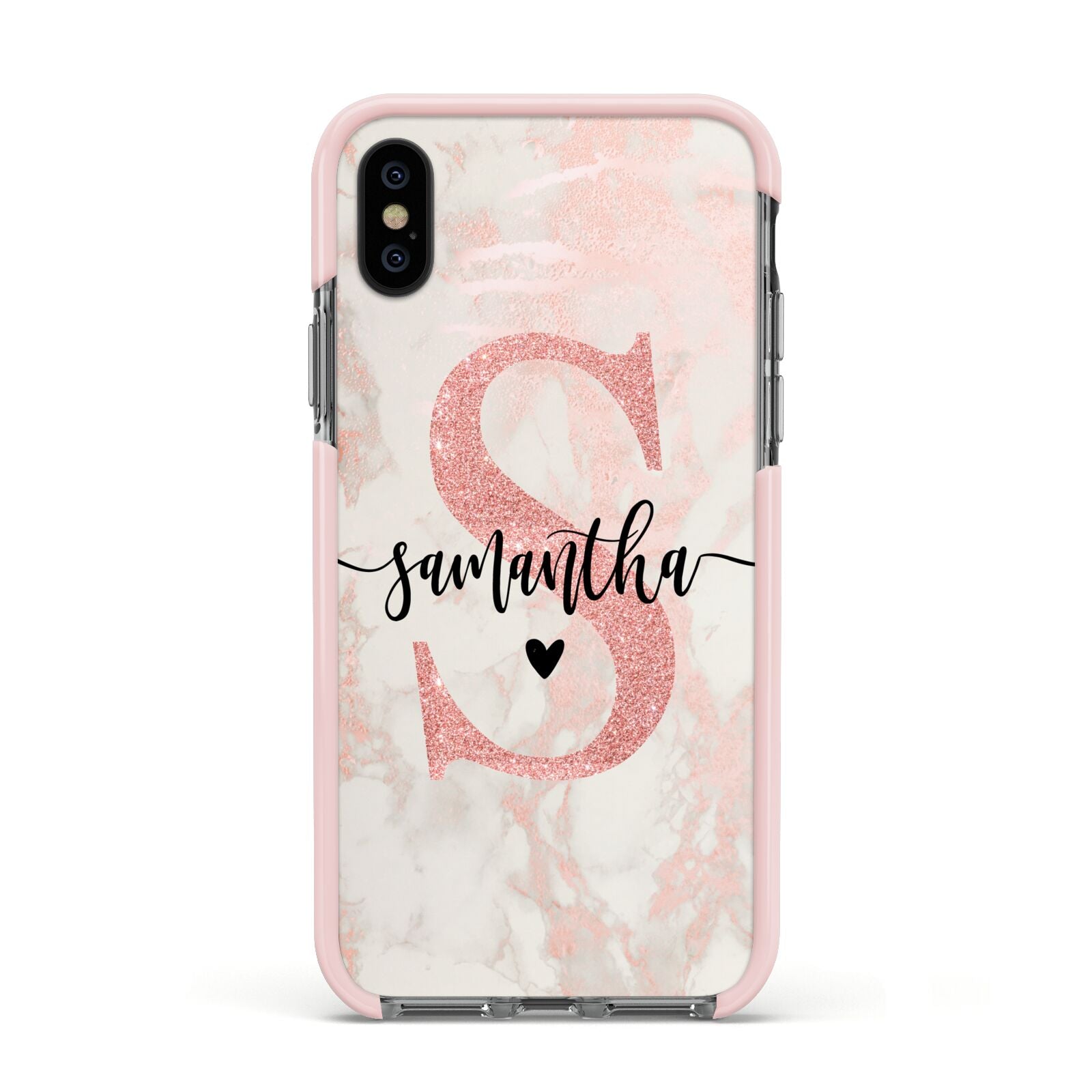 Pink Marble Glitter Monogram Personalised Name Apple iPhone Xs Impact Case Pink Edge on Black Phone