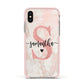 Pink Marble Glitter Monogram Personalised Name Apple iPhone Xs Impact Case Pink Edge on Gold Phone