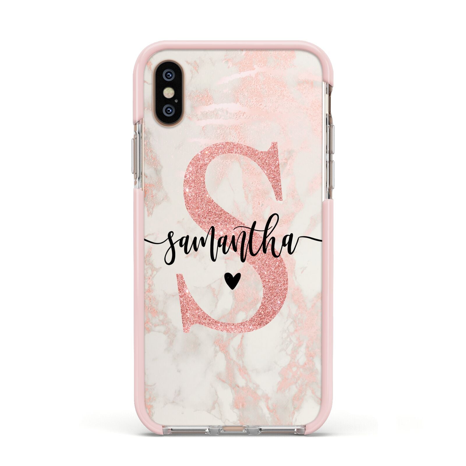 Pink Marble Glitter Monogram Personalised Name Apple iPhone Xs Impact Case Pink Edge on Gold Phone