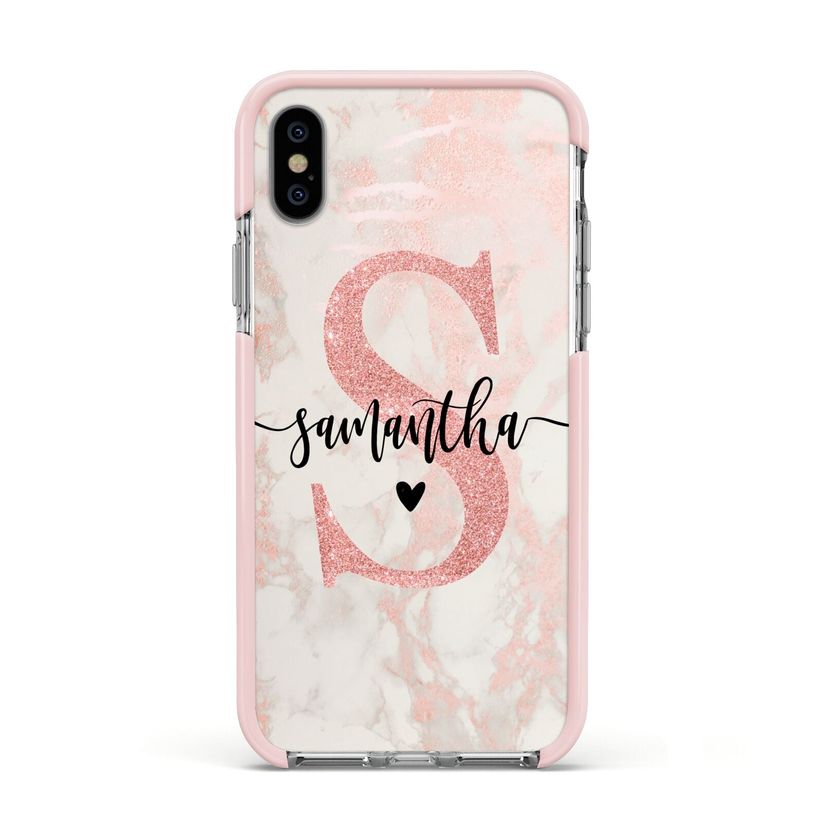 Pink Marble Glitter Monogram Personalised Name Apple iPhone Xs Impact Case Pink Edge on Silver Phone