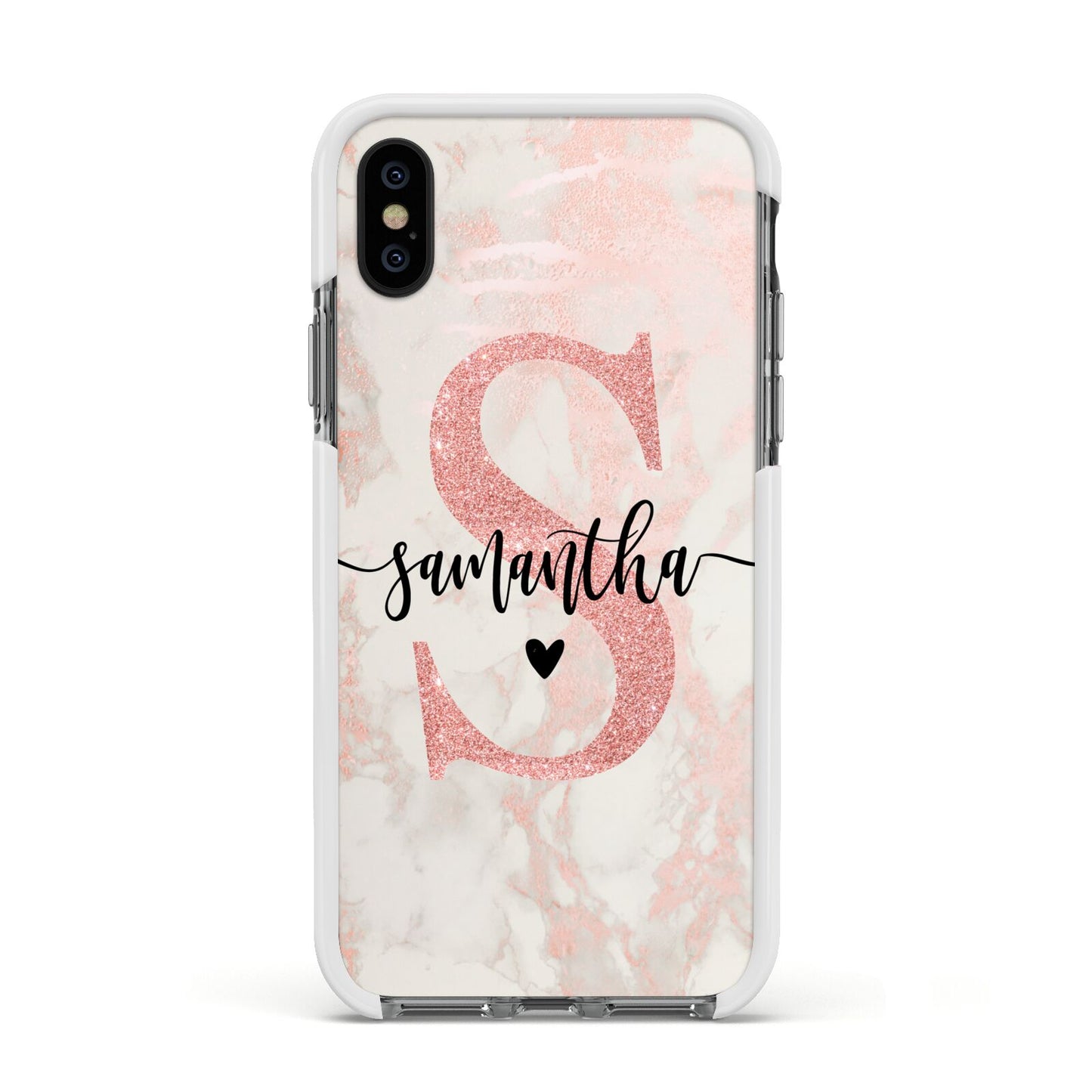 Pink Marble Glitter Monogram Personalised Name Apple iPhone Xs Impact Case White Edge on Black Phone